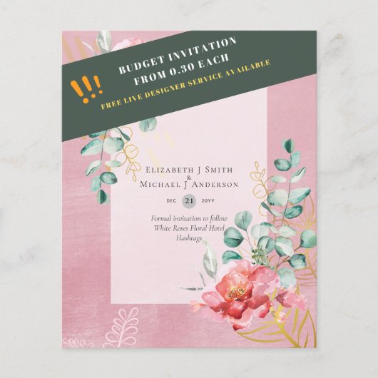 BUDGET SAVE-THE-DATUMS - Witte Rozen Bloemstuk Flyer (Voorkant)