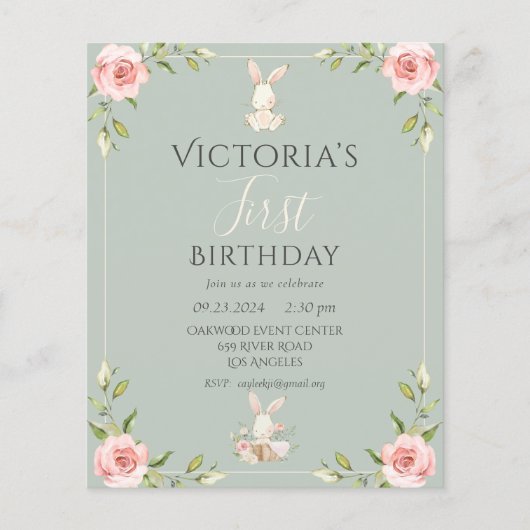 Budget schattig konijn 1e verjaardag uitnodiging flyer (Voorkant)