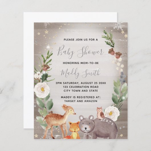Budget Schattige Bosdieren Winter Baby Shower Uitn (Voorkant / Achterkant)