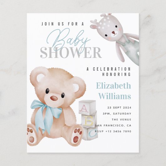 BUDGET Schattigee Teddy Bear Baby shower Uitnodigi (Voorkant)