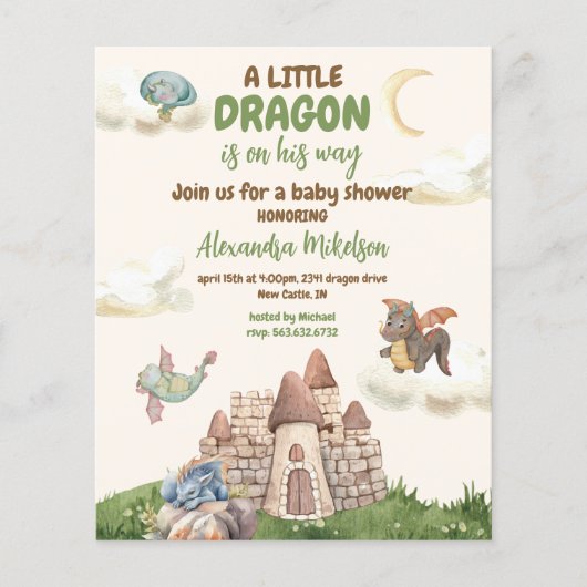 Budget Schattigee Waterverf Dragon Baby shower Flyer (Voorkant)