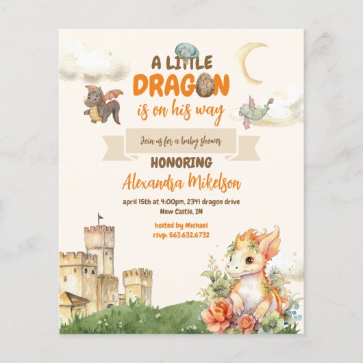 Budget Schattigee Waterverf Dragon Baby shower Flyer (Voorkant)