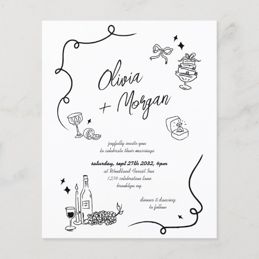 BUDGET Scribble Doodle QR Code Bruiloft uitnodigin (Voorkant)