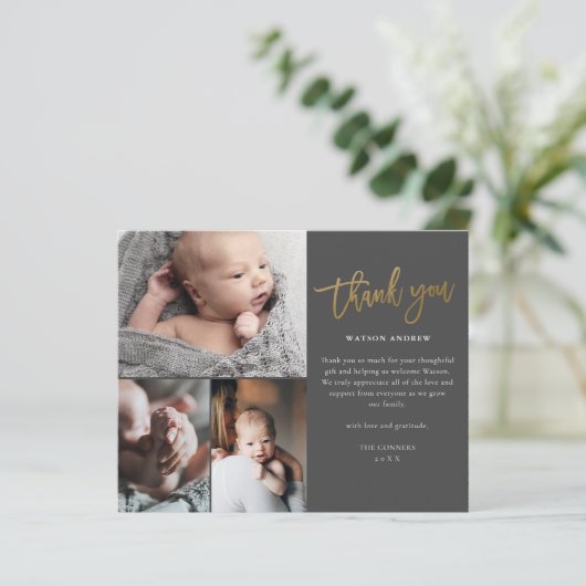 Budget Script 3 Foto Baby Bedankkaart (Staand voorkant)