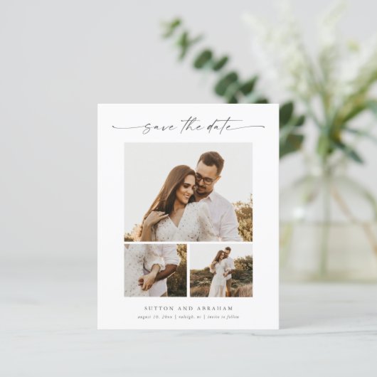 Budget Script 3 Foto Bruiloft Save the Date Kaart (Staand voorkant)