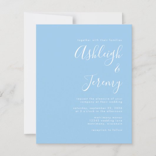 Budget Script Baby Blue Wedding Invitation (Voorkant)