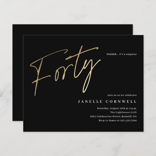 Budget Script Black Gold 40th Birthday Invitation (Voorkant / Achterkant)