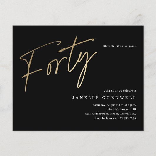 Budget Script Black Gold 40th Birthday Invitation (Voorkant)