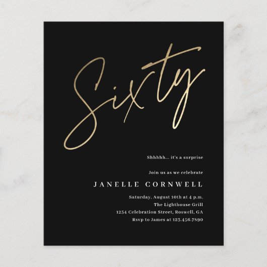 Budget Script Black Gold 60th Birthday Invitation (Voorkant)