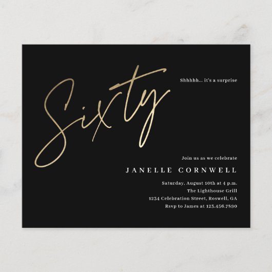 Budget Script Black Gold 60th Birthday Invitation (Voorkant)