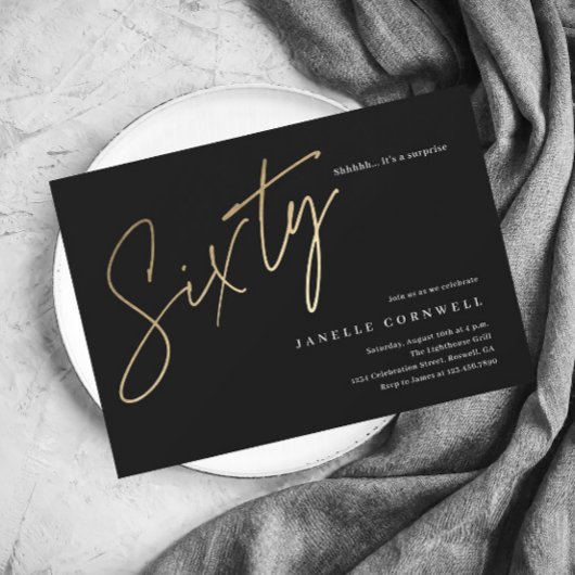 Budget Script Black Gold 60th Birthday Invitation