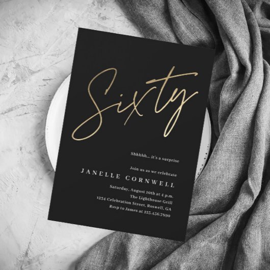 Budget Script Black Gold 60th Birthday Invitation