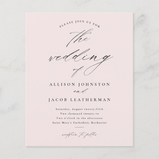 Budget Script Blush Roze Trouw Uitnodiging (Voorkant)