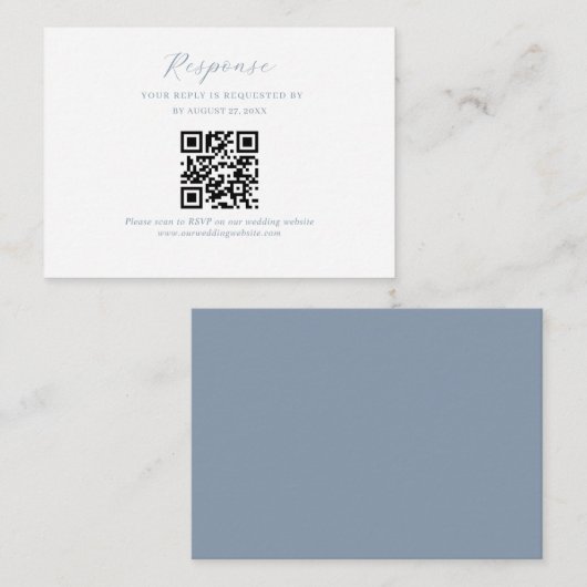 BUDGET Script Dusty Blue Wedding QR Code RSVP Informatiekaartje (Voorkant / Achterkant)