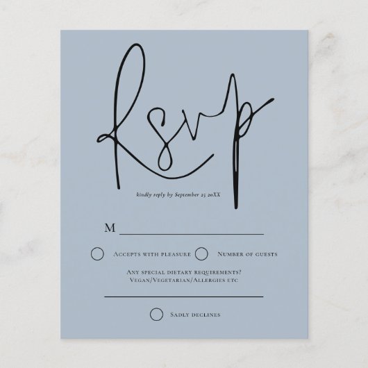 Budget Script Dusty Blue Wedding RSVP (Voorkant)