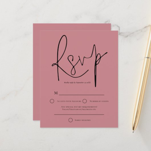 Budget Script Dusty Roos Wedding RSVP (Voorkant / Achterkant in situ)