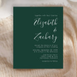 Budget Script Emerald Green Wedding Invitation<br><div class="desc">Deze eenvoudige moderne huwelijksuitnodiging heeft witte tekst op een smaragdgroene achtergrond. Voeg de namen van de bruid en bruidegom toe in stijlvolle handschriftkalligrafie en de details in schreefloos lettertype. De achterkant is een bijpassende tint van massief smaragdgroen.</div>