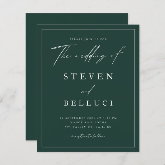 Budget Script Emerald Green Wedding Invitation (Voorkant / Achterkant)