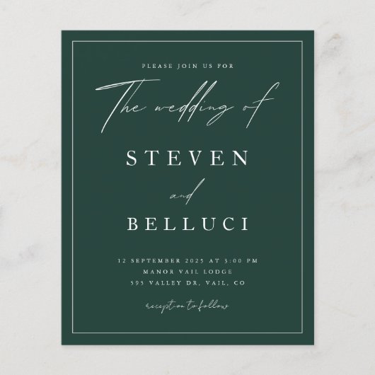 Budget Script Emerald Green Wedding Invitation (Voorkant)