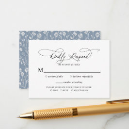 Budget Script Floral Dusty Blue Wedding RSVP Informatiekaartje