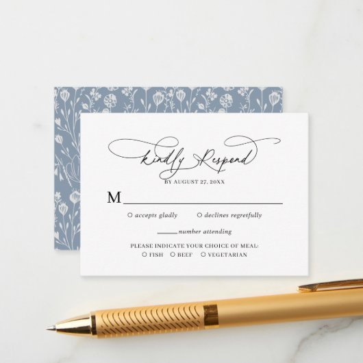 Budget Script Floral Dusty Blue Wedding RSVP Informatiekaartje (Voorkant / Achterkant in situ)
