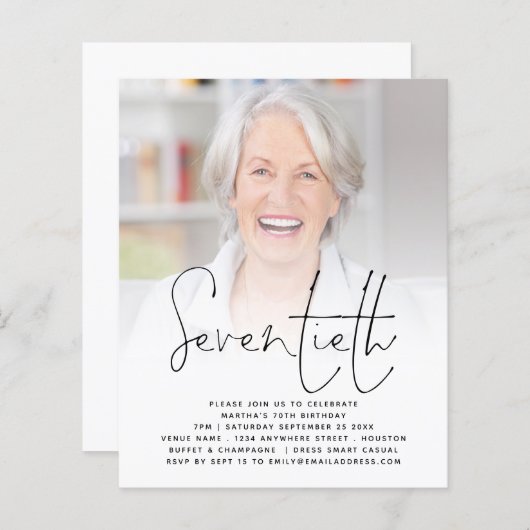 BUDGET Script Foto 70th Birthday Party Invitation (Voorkant / Achterkant)