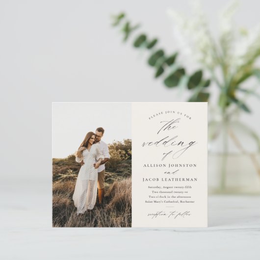 Budget Script Foto Ivoor Bruiloft Uitnodiging (Staand voorkant)