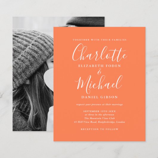 Budget Script Foto Koraal Huwelijksuitnodiging (Voorkant / Achterkant)