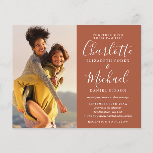 Budget Script Foto Terracotta Trouw Uitnodiging (Voorkant)