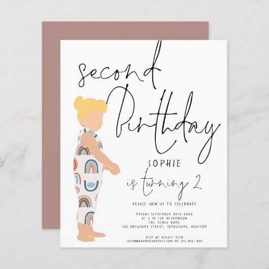 Budget Script Girl Blonde 2e verjaardag Uitnodigin (Voorkant / Achterkant)