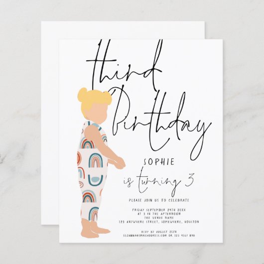 Budget Script Girl Blonde 3e verjaardag Uitnodigin (Voorkant / Achterkant)
