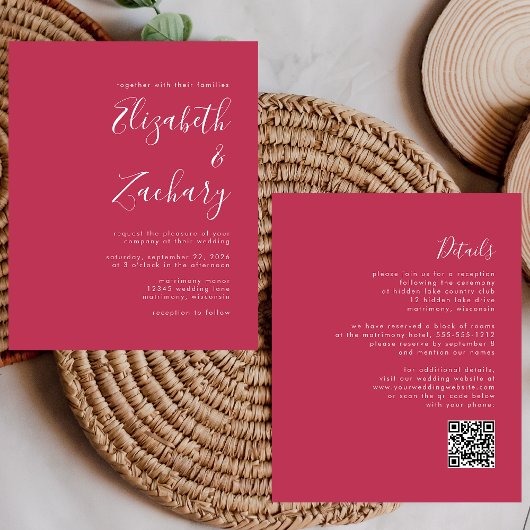 Budget Script Magenta QR Code Trouw Uitnodiging