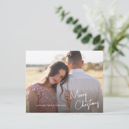 Budget Script Merry Kerstmis Foto Holiday Card (Staand voorkant)
