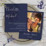 Budget Script Navy Blue Photo Wedding Invitation<br><div class="desc">Deze elegante budgetmarinesolfuitnodiging met de namen van de tekenstijl kan worden gepersonaliseerd met je informatie in het teken van de tekentekst en je speciale foto aan de achterkant. Ontworpen door: Thisnotme©</div>