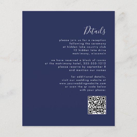 Budget Script Navy Blue QR Code Huwelijksuitnodigi (Achterkant)