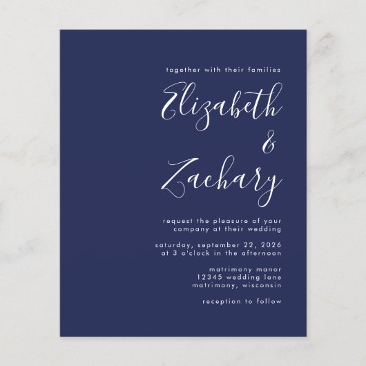 Budget Script Navy Blue QR Code Huwelijksuitnodigi (Voorkant)