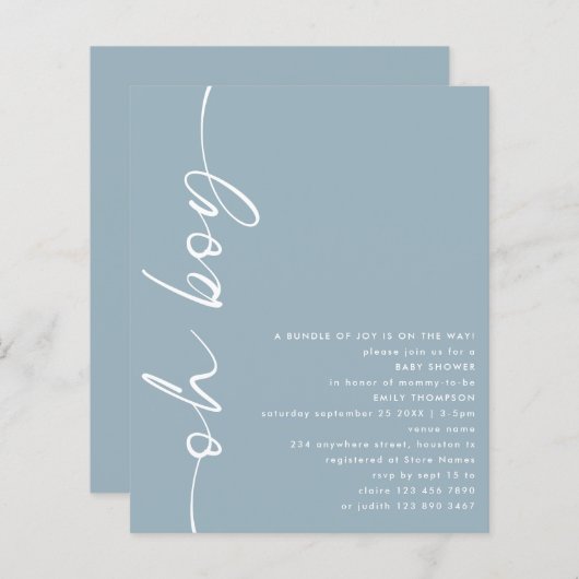 Budget Script Oh Boy Dusty Blue Baby shower (Voorkant / Achterkant)