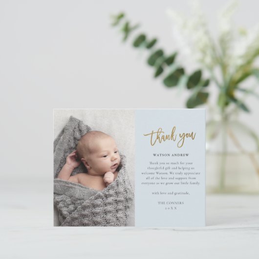 Budget Script Photo Baby Boy Dank u wel Bedankkaart (Staand voorkant)