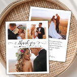 Budget Script Photo Collage Weddenschap Hartelijk<br><div class="desc">Budget Elegant Modern Script 3 Photo Collage Wedding Dank u gepersonaliseerde betaalbare low budget goedkope dunne kaart. Stijlvolle bruiloft dank u kaart sjabloon met drie (3) foto op de voorkant en een (1) foto op de achterkant. Met de "Thank You" tekst in een wervelende hand geletterde wervelige kalligrafie of typografie...</div>