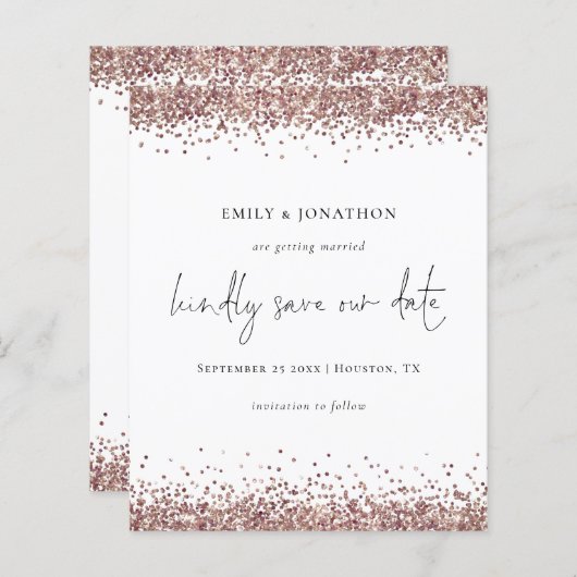 Budget Script QR Code Roos Gold Glitter Save Date (Voorkant / Achterkant)