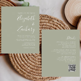 Budget Script Sage Green QR Code Trouw Uitnodiging