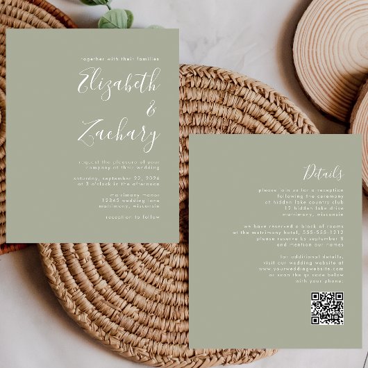 Budget Script Sage Green QR Code Trouw Uitnodiging