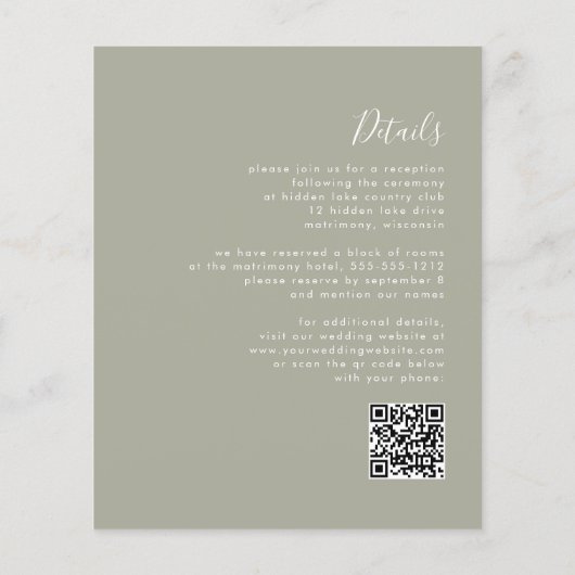 Budget Script Sage Green QR Code Trouw Uitnodiging (Achterkant)