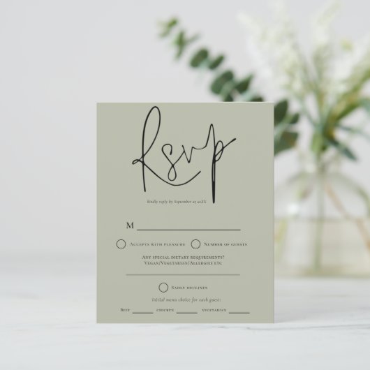 Budget Script Sage Green Wedding RSVP (Staand voorkant)