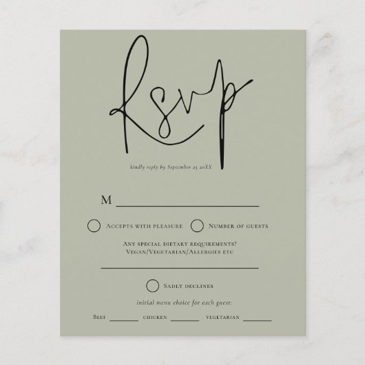 Budget Script Sage Green Wedding RSVP (Voorkant)