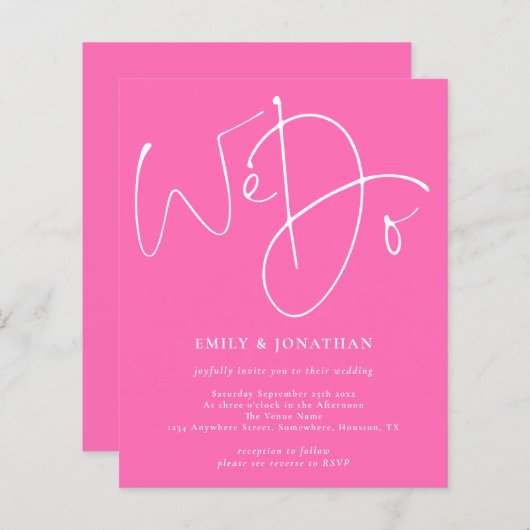 Budget Script We Do Hot Pink bruiloft uitnodiging (Voorkant / Achterkant)