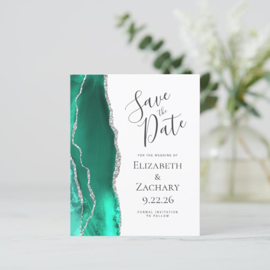 Budget Seafoam Green Agaat Silver Save the Date (Staand voorkant)