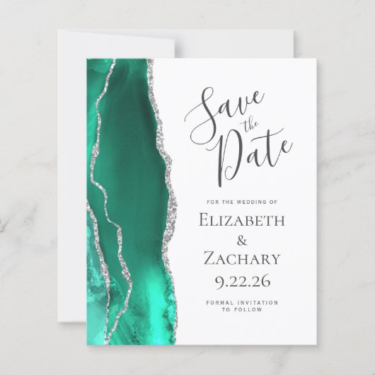 Budget Seafoam Green Agaat Silver Save the Date (Voorkant)