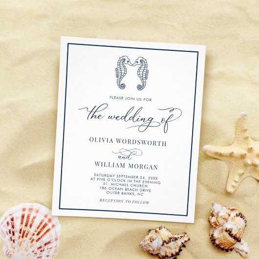 Budget Seahorse Beach Wedding Navy Blue Uitnodigin Flyer