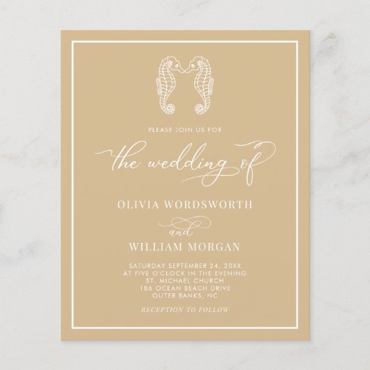 Budget Seahorse beige Beach Wedding Invitation Flyer (Voorkant)